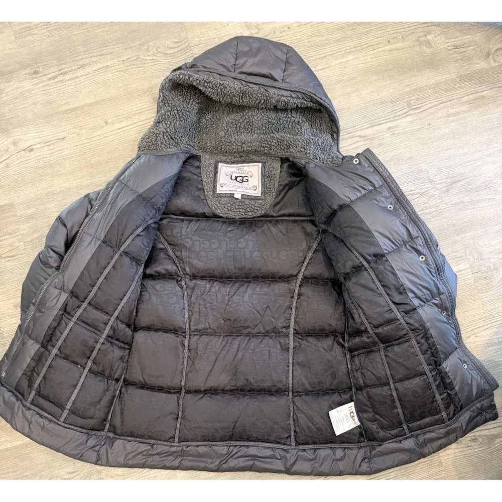 UGG Australia Women's M Gray Hooded Down Puffer Jacket Quilted Sherpa lined